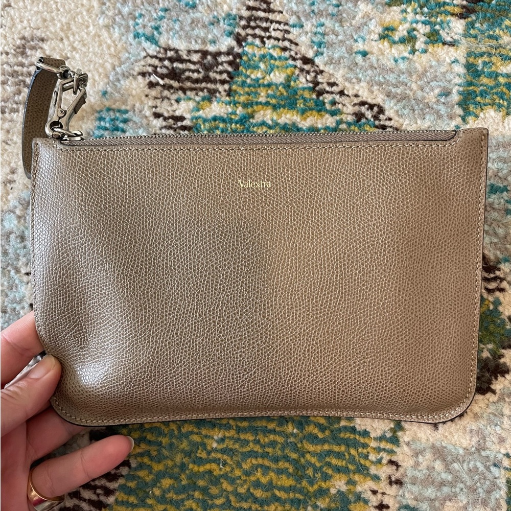 Valextra taupe pebbled leather wristlet